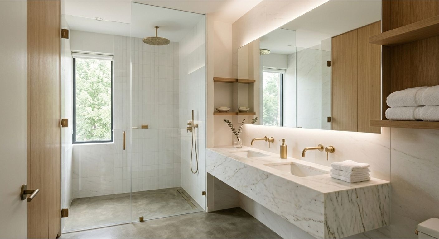 Luxury bathroom with marble vanity and brass fixtures