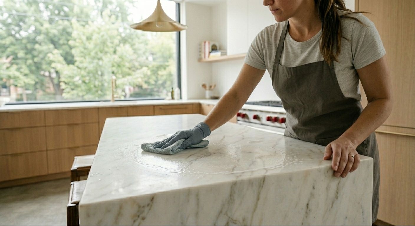 Professional cleaner wiping marble countertop